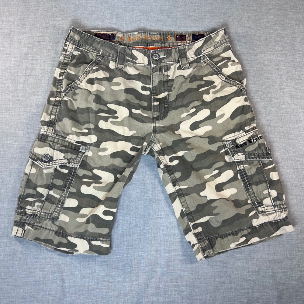 Rock Revival Mens Khaki Camo Cargo Shorts Classic Fit Embroidered size 36